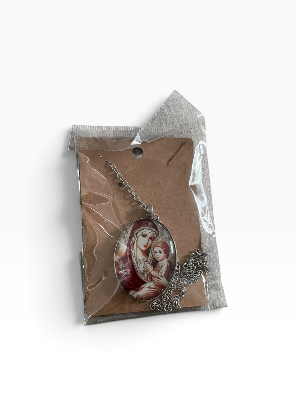 Religious Madonna and Child Oval Pendant Necklace in Red and Silver